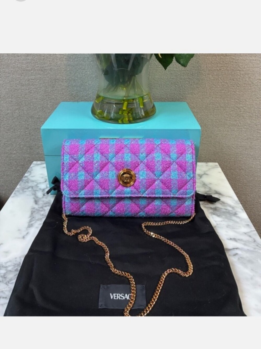 Versace NWT Pink & Turquoise Wool Tweed Quilted Wallet On A Chain NWT NEW